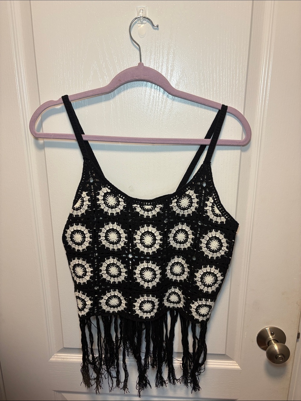 Black & White Crochet Fringe Crop Top